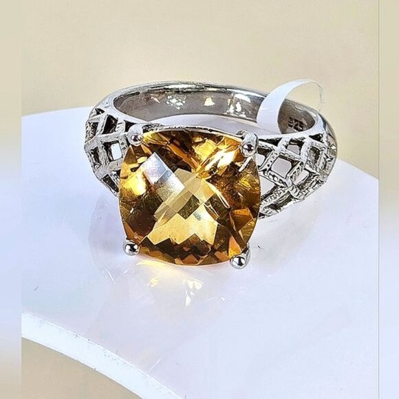 925 Sterling Silver Ring Sz 7 with Natural Cusion-Cut Citrine 11x11mm Gemstone - Picture 8 of 8
